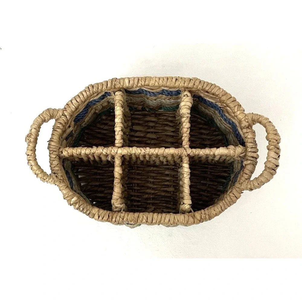 Handwoven Wicker Basket Caddy Divided Natural & Blues Handles Utensil Bottles